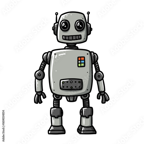 Cute cartoon robot standing with a friendly expression in grayscale  