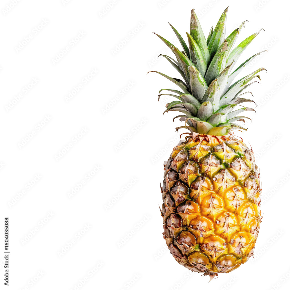 Fototapeta premium Single pineapple, bright yellow, with green leaves