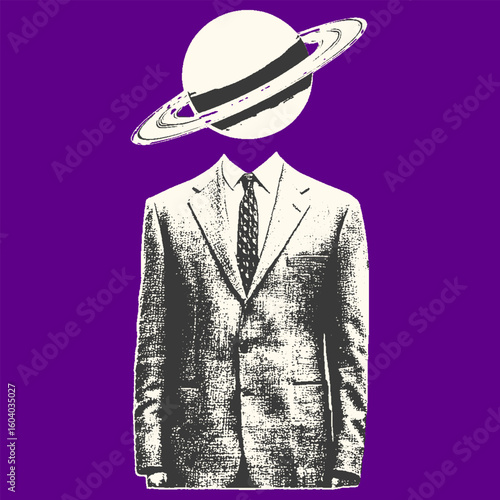 Vintage businessman surreal saturn head vector illustration