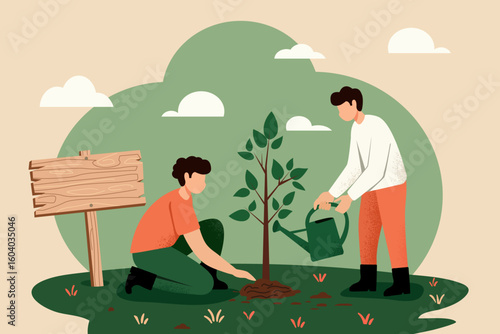 Two men nurturing a sapling in a forest, promoting sustainability and environmental awareness