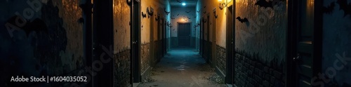 Wallpaper Mural Dark hallway, old wooden door, Halloween bats , celebration, silhouette Torontodigital.ca