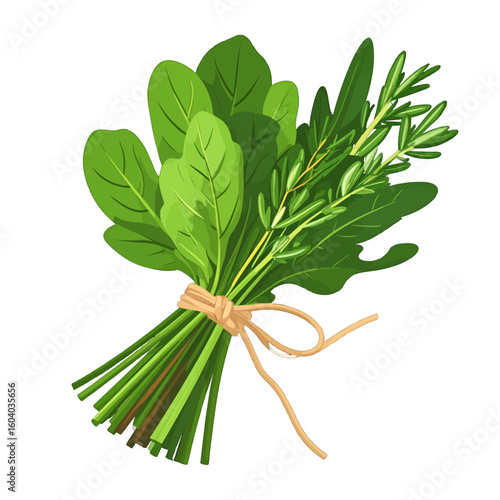 A fresh bouquet of green culinary herbs, including spinach, arugula, and rosemary, tied with a simple twine bow.