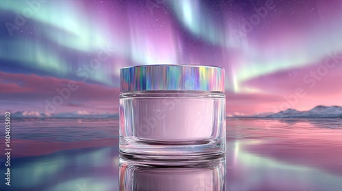 Pink Skincare Cream Jar Reflected in Icy Water Underneath Vibrant Aurora Borealis Night Sky