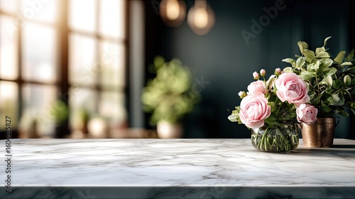 Pink Roses and Peonies in Glass Vase on Marble Tabletop near Window with Sunlight
