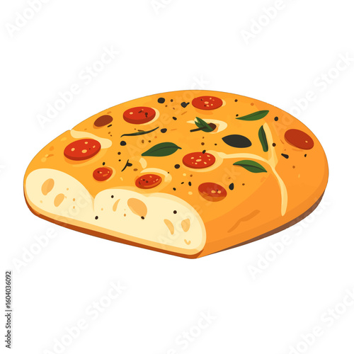 Pixelated Focaccia Bread With Tomato and Basil Isolated on White Background Displaying a Rustic Golden Texture