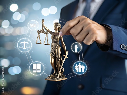 Lawyer holding Lady Justice statue with digital icons representing legal services