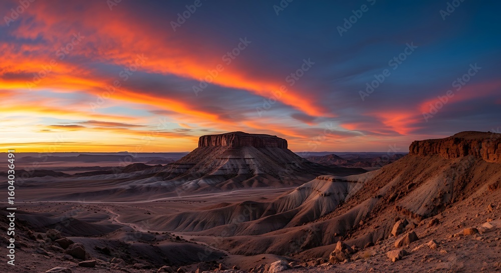 Naklejka premium A dramatic desert landscape at sunset, featuring majestic mesas and canyons illuminated by an intensely colorful sky ablaze with fiery orange, red, and purple hues.