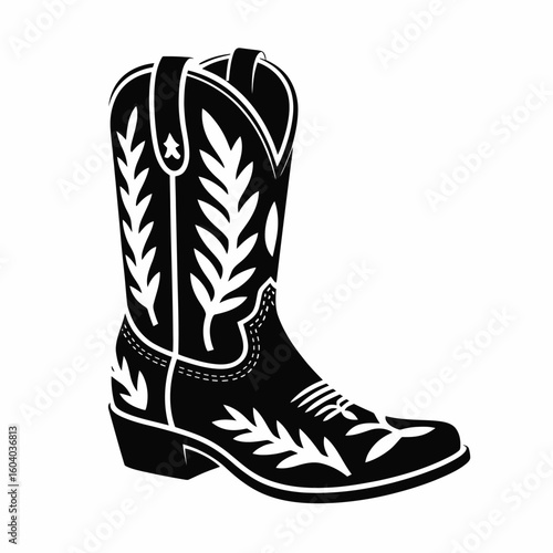 Black and white cowboy boot with floral design illustration