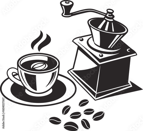 Vector art of black and white illustration of a coffee grinder cup and beans with steam
