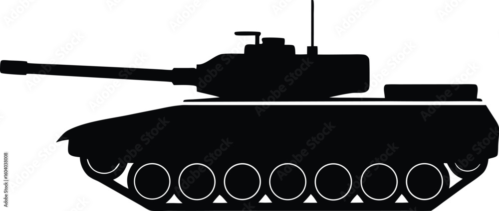 Fototapeta premium Vector art of a striking black silhouette of a modern military tank on a white background