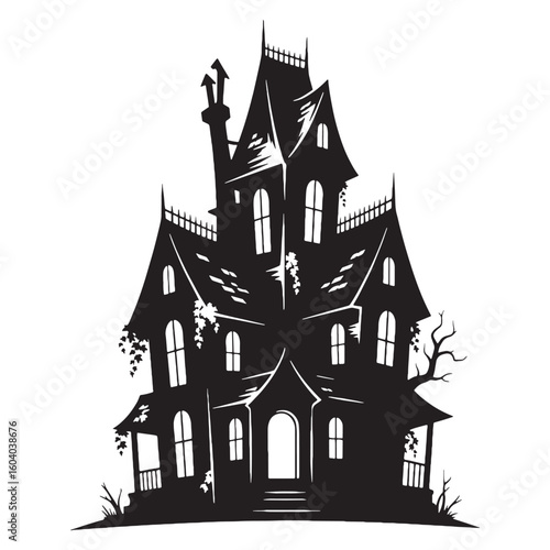 A shadowed dwelling of nightmares – Haunted House silhouette shaped by eerie Haunted House vector – Haunted House illustration – Halloween silhouette

