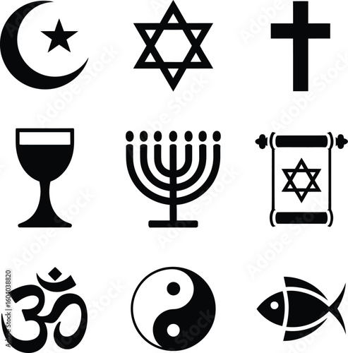 Symbolic representation of major religions with islamic crescent christian cross om symbol and star of david 
