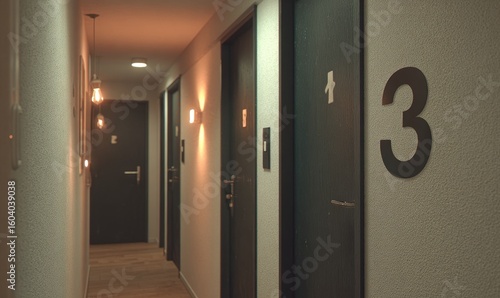 Empty hallway with numbered dark doors