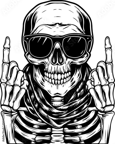 SVG of a street-style skeleton with hip hop flair in bold tattoo design. Skeleton Wearing Sunglasses and Giving the Middle Finger Gesture