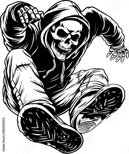 SVG of a street-style skeleton with hip hop flair in bold tattoo design. Dynamic Skeleton Cartoon Character in Urban Skateboarding Action