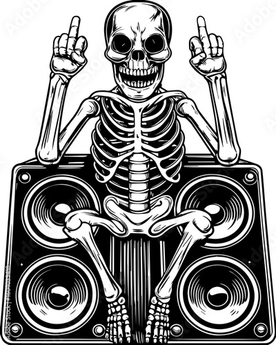 SVG of a street-style skeleton with hip hop flair in bold tattoo design. Skeleton with Two Middle Fingers Sitting on Speakers in Rock Style