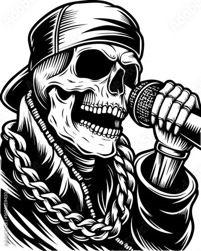 SVG of a street-style skeleton with hip hop flair in bold tattoo design. Skeleton Rapper with Microphone in Hip Hop Style Artwork