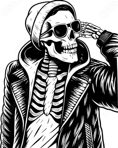 SVG of a street-style skeleton with hip hop flair in bold tattoo design. Stylish Skeleton Saluting with Sunglasses and Beanie Hat in Black and White