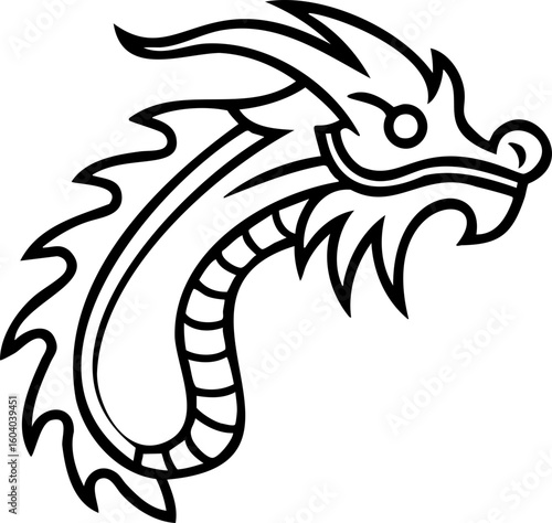 Line Art Black and white dragon tattoo with tribal animal design 