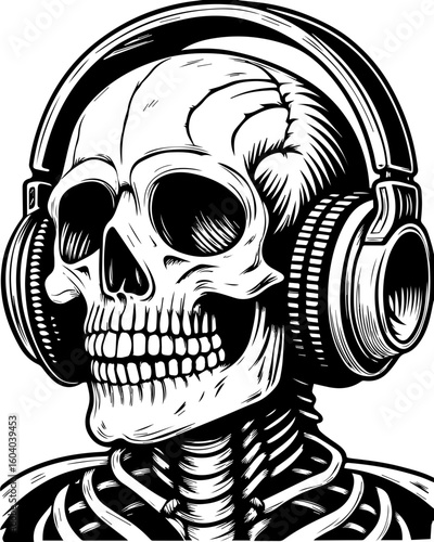 SVG of a street-style skeleton with hip hop flair in bold tattoo design. Skull in Headphones Listening to Music Art Illustration Design