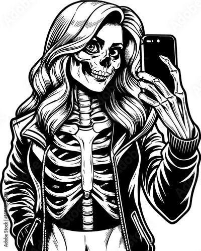 SVG of a street-style skeleton with hip hop flair in bold tattoo design. Skeleton Takes Selfie in Stylish Jacket with Long Hair and Smile