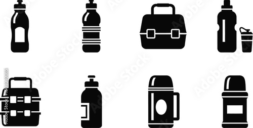 Vector art of a set of black and vector icons showcasing different types of lunch containers water bottles and thermoses