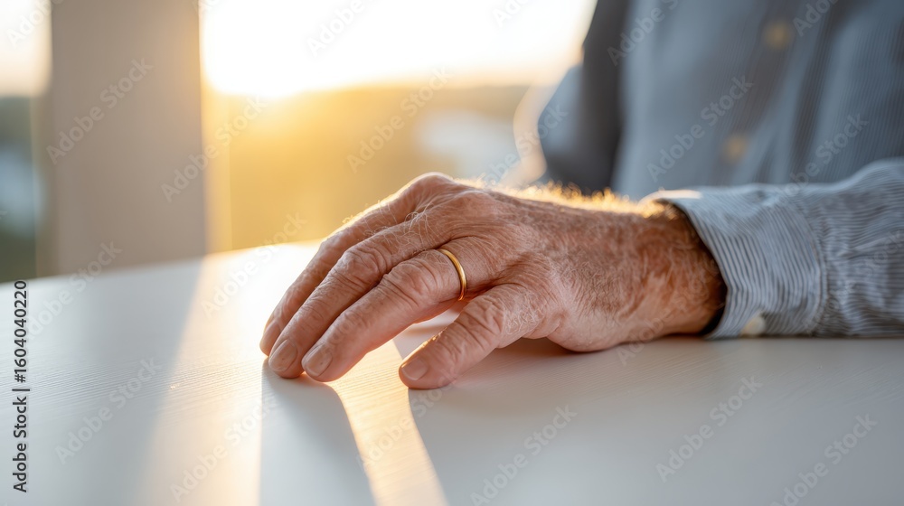 Obraz premium The wrinkled hand of an elderly man resting on a table, symbolizing loneliness and the issue of being without care or family support in old age.
