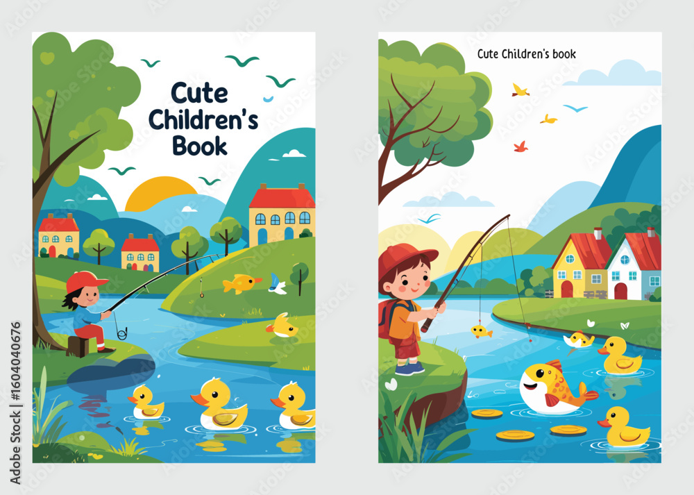 Obraz premium Bright and Colorful Children’s Book Design with Ducks and River 