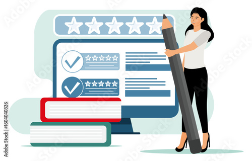Woman Reviews Online Ratings With a Pencil Beside Stacked Books.