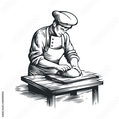 Monochrome illustration of caucasian male baker kneading dough on wooden table