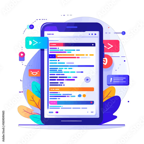 Modern smartphone illustration showing a colorful coding interface with floating UI elements and abstract icons.