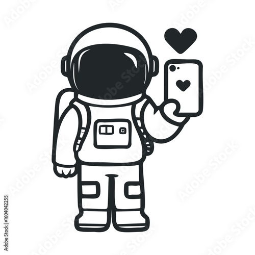 Cartoon astronaut taking selfie with smartphone and heart icon