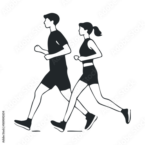Silhouette of young caucasian male and female joggers running together