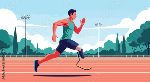 Adobe Illustrator artwork flat style illustration of a male athlete with a prosthetic leg running on a track outdoors. Emphasizing disabled sports in paralympics summer games