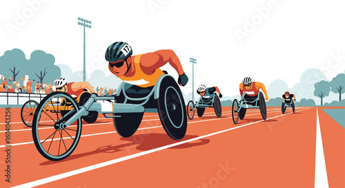 Adobe Illustrator artwork flat style illustration of wheelchair racers competing on a track in a stadium. Emphasizing disabled sports in paralympics summer games