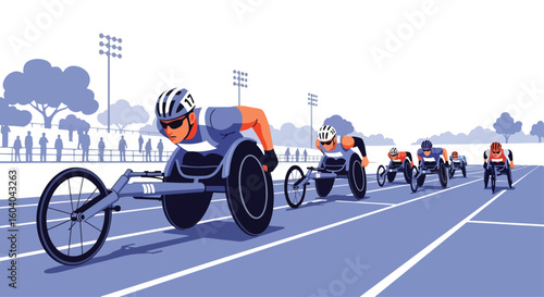Adobe Illustrator artwork flat style illustration of wheelchair racers competing on a track in a stadium. Emphasizing disabled sports in paralympics summer games