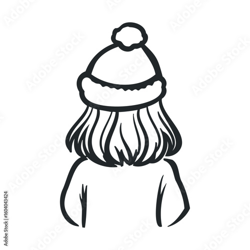 Female child in winter hat facing away - line drawing