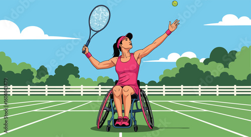Adobe Illustrator artwork flat style illustration of a determined female athlete in a wheelchair serving a tennis ball on a court. Emphasizing disabled sports in paralympics summer games