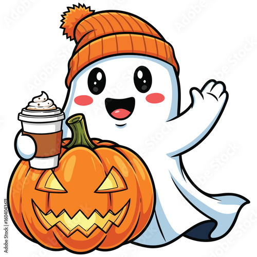 Cute ghost with pumpkin and coffee, Halloween vector illustration
