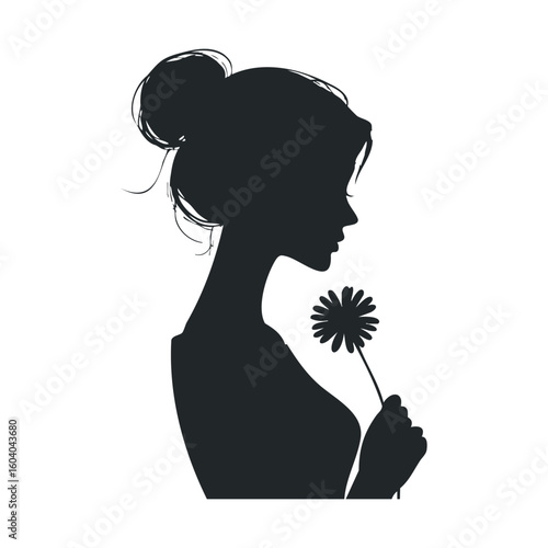 Silhouette of asian female holding flower: profile view with floral accent