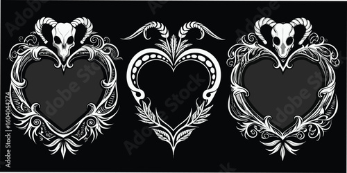 Intricate black and white silhouette design featuring ornate heart shaped frames with decorative floral elements for various creative projects.
