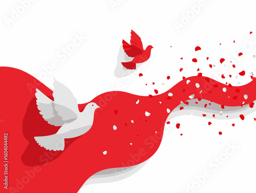 Two red and white paper cut style doves fly peacefully through scattered petals over a flowing red ribbon on a white background.