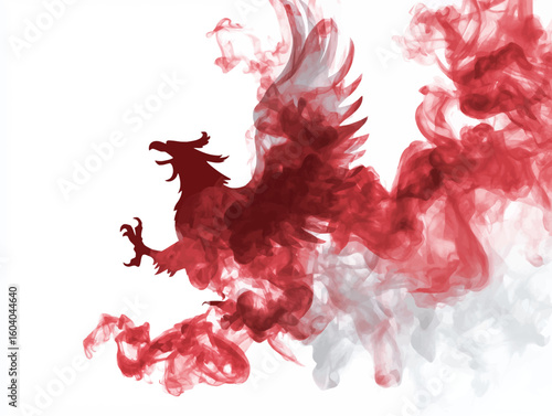 A majestic silhouette of the mythical Garuda bird emerges from abstract red and white smoke symbolizing Indonesian power and spirit.

