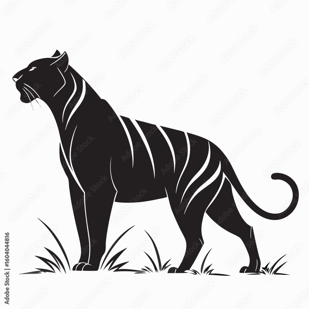 Obraz premium Vector art of a black and white vector graphic of a tiger standing in grass with a long tail