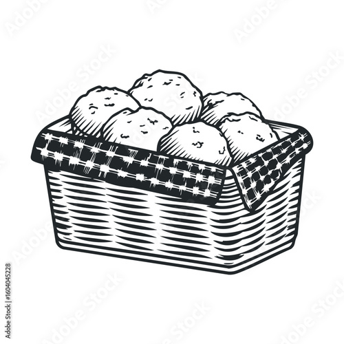 Basket of freshly baked bread rolls with checkered cloth
