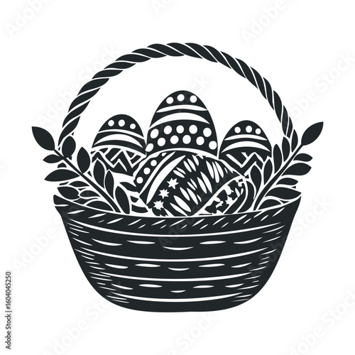 Easter basket with decorated eggs and leaves in black and white illustration