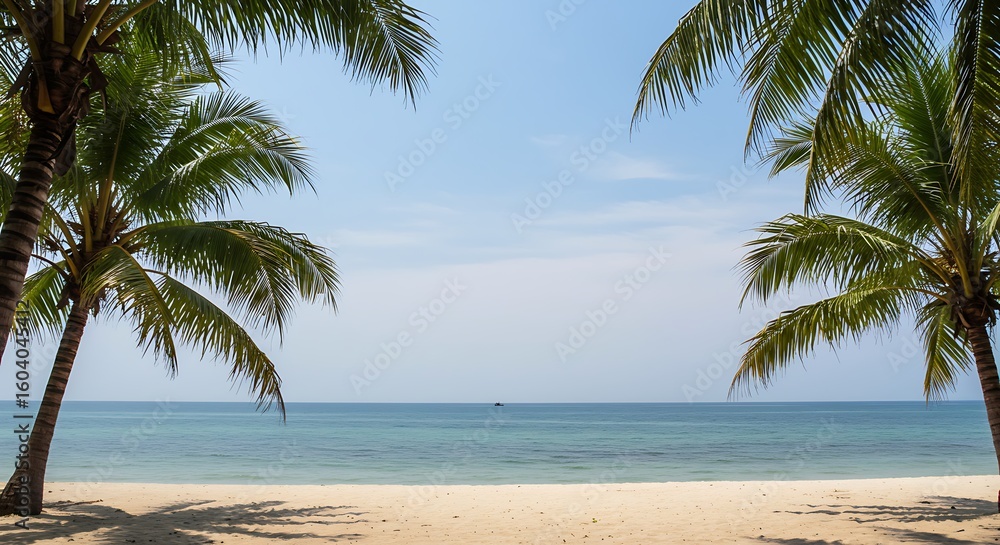 Fototapeta premium Two lush palm trees frame a pristine sandy beach and the calm, clear turquoise ocean stretching to the horizon under a bright, inviting blue sky.