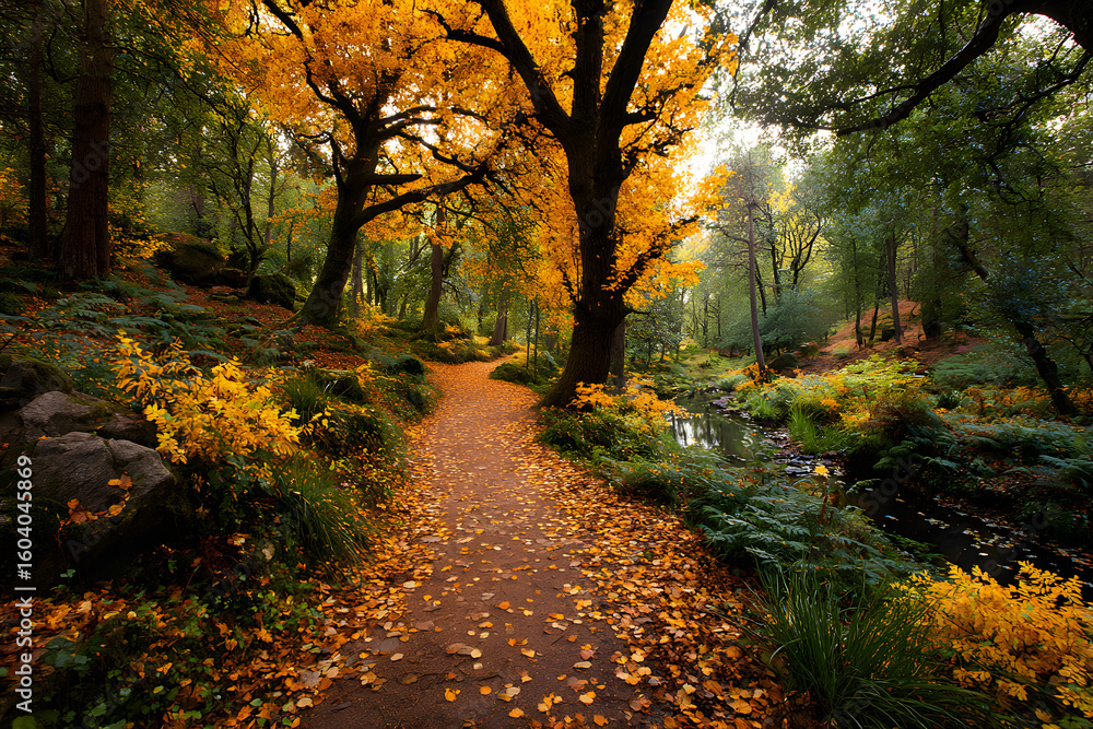 Fototapeta premium Golden leaves glow in an autumn woodland with a trail of footsteps