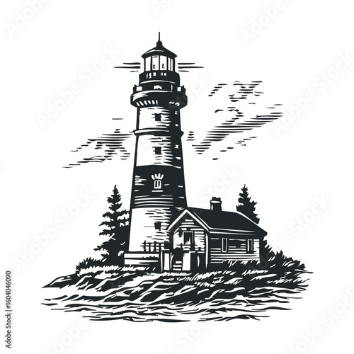Vintage black and white lighthouse illustration with seaside cabin and trees