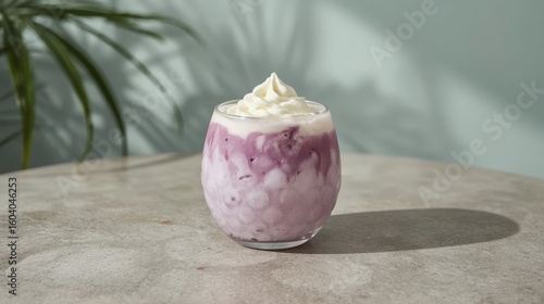 Unique Purple Iced Taro Milk Drink: Whipped Cream Topping, Professional Food Photography